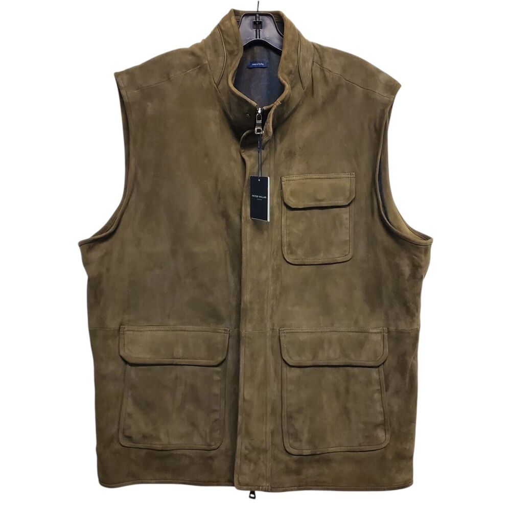 PETER MILLAR Vest Mens XL Brown Suede Full Zip Flap Pockets Designer Outdoor